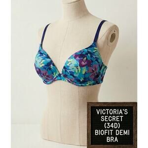 Victoria's Secret 34D Bra BioFit Demi Uplift Royal Blue Floral UW Padded VS